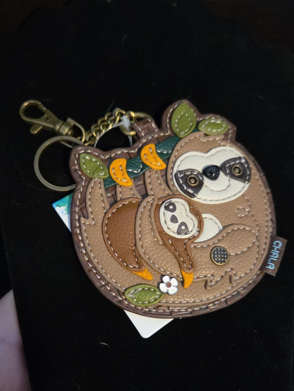 Chala Brown Sloth Family Keychain Wallet with Green & Yellow Accents